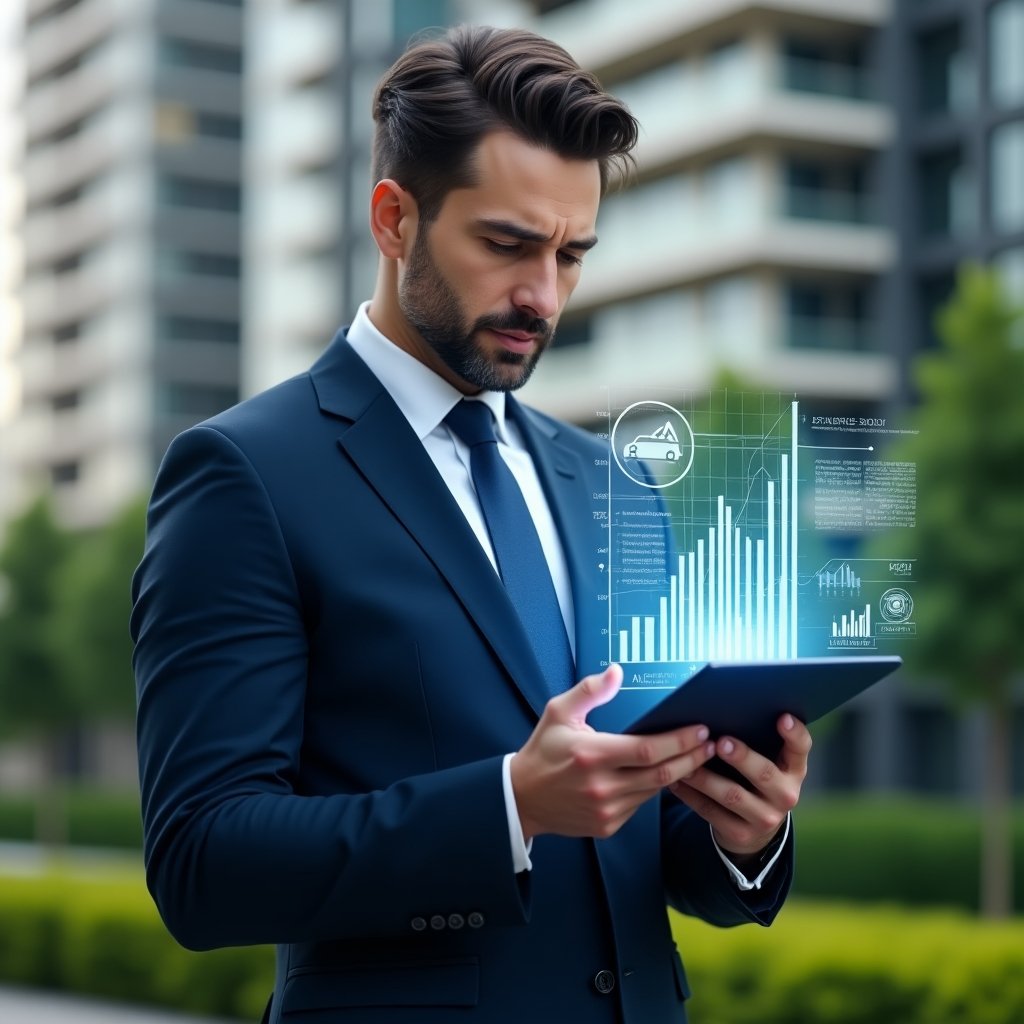 (Ultra-realistic condominium manager in a navy blue tailored suit, set in a modern luxury condominium environment with high-rise buildings and lush green landscaping, holding a transparent tablet displaying holographic financial charts, confidently analyzing digital accounting reports with floating graphs around them, cinematic lighting, shallow depth of field, highly detailed textures, realistic skin, photographic realism, 8k resolution --ar 1:1 --v 6)