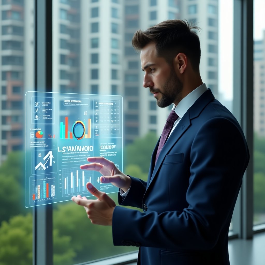 (Ultra-realistic condominium manager in a tailored navy blue suit, set in a modern luxury condominium environment with high-rise buildings and manicured greenery visible through floor-to-ceiling windows, holding a transparent holographic screen displaying digital financial reports and colorful graphs, confidently analyzing data, a floating icon of a checklist and pie chart beside them, cinematic lighting, shallow depth of field, highly detailed textures, realistic skin, photographic realism, 8k resolution --ar 1:1 --v 6)
