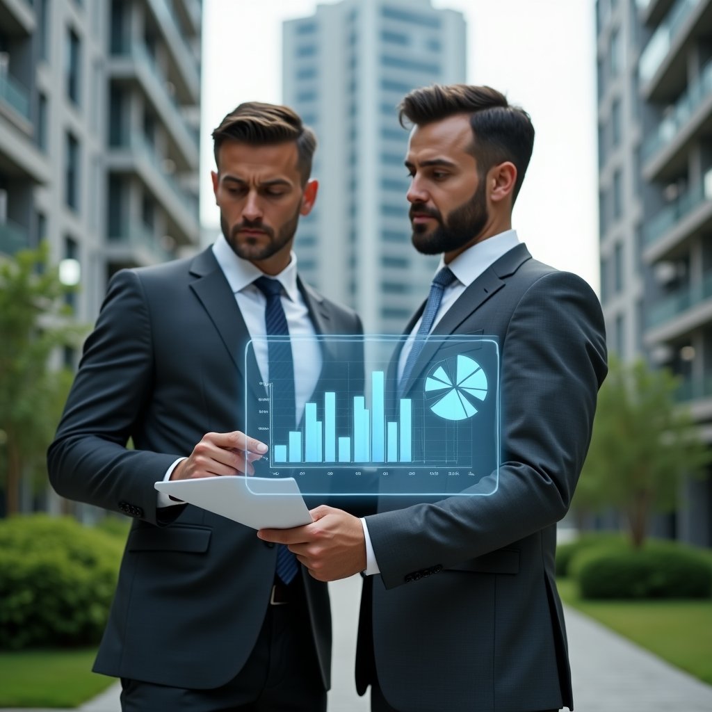 (Ultra-realistic condominium manager in a charcoal gray suit, set in a modern luxury condominium environment with high-rise buildings and lush green landscaping, reviewing a holographic transparent financial report with confidence, a floating 3D bar chart and pie graph visible beside them, cinematic lighting, shallow depth of field, highly detailed textures, realistic skin, photographic realism, 8k resolution --ar 1:1 --v 6)