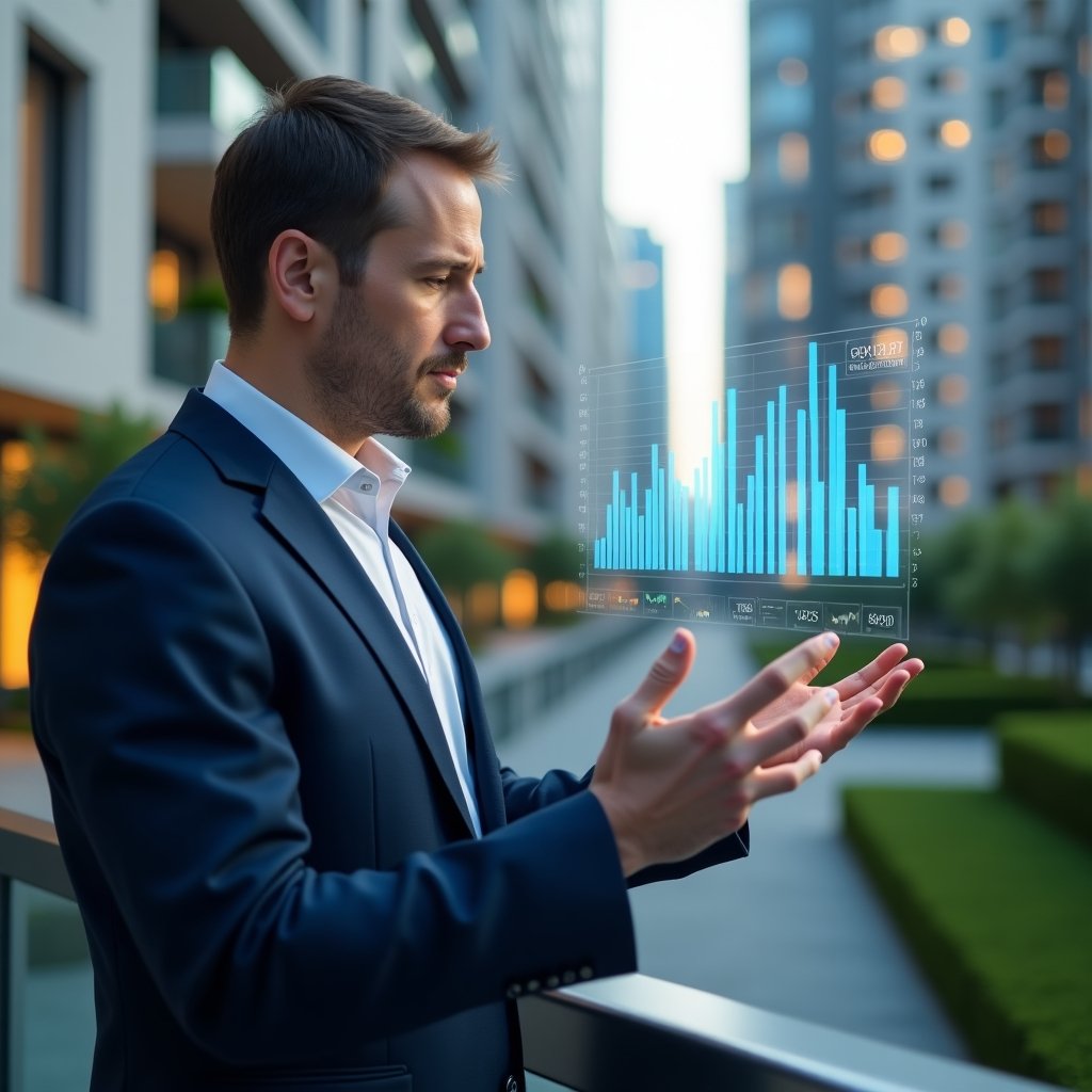 Ultra-realistic condominium manager in a navy blue suit, set in a modern luxury condominium environment with high-rise buildings and manicured green landscaping, reviewing holographic financial charts with a confident, focused expression, transparent 3D bar graphs and pie charts floating midair, cinematic lighting, shallow depth of field, highly detailed textures, realistic skin, photographic realism, 8k resolution --ar 1:1 --v 6