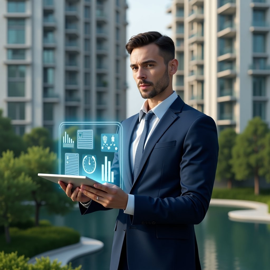 (Ultra-realistic condominium manager in a tailored navy blue suit, set in a modern luxury condominium environment with high-rise buildings and lush green landscaping, holding a transparent tablet projecting holographic charts and task icons, analyzing data with a confident, focused expression, cinematic lighting, shallow depth of field, highly detailed textures, realistic skin, photographic realism, 8k resolution --ar 1:1 --v 6)