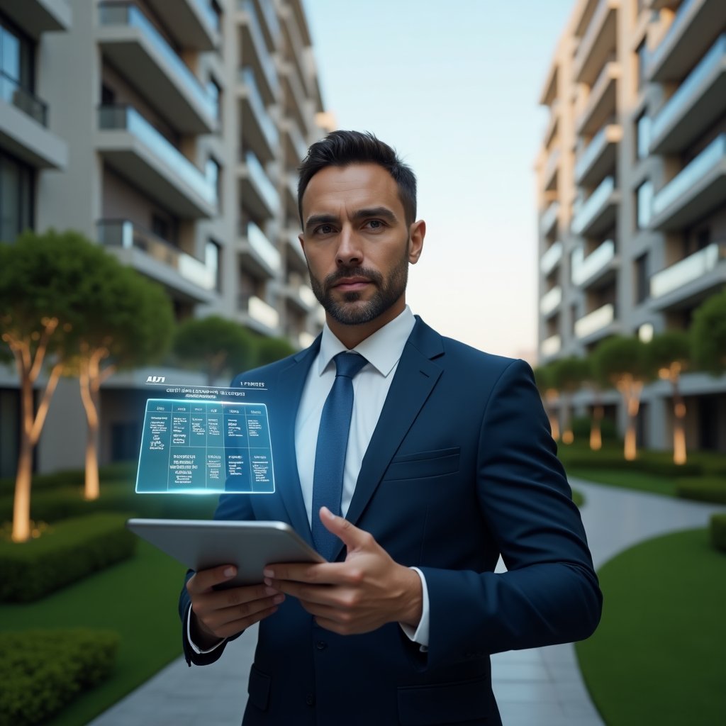 (Ultra-realistic condominium manager in a tailored navy suit, set in a modern luxury condominium environment with high-rise buildings and manicured green landscaping, holding a digital tablet displaying a holographic calendar schedule and task icons, pointing at a highlighted maintenance reminder, confident and focused expression, cinematic lighting, shallow depth of field, highly detailed textures, realistic skin, photographic realism, 8k resolution --ar 1:1 --v 6)