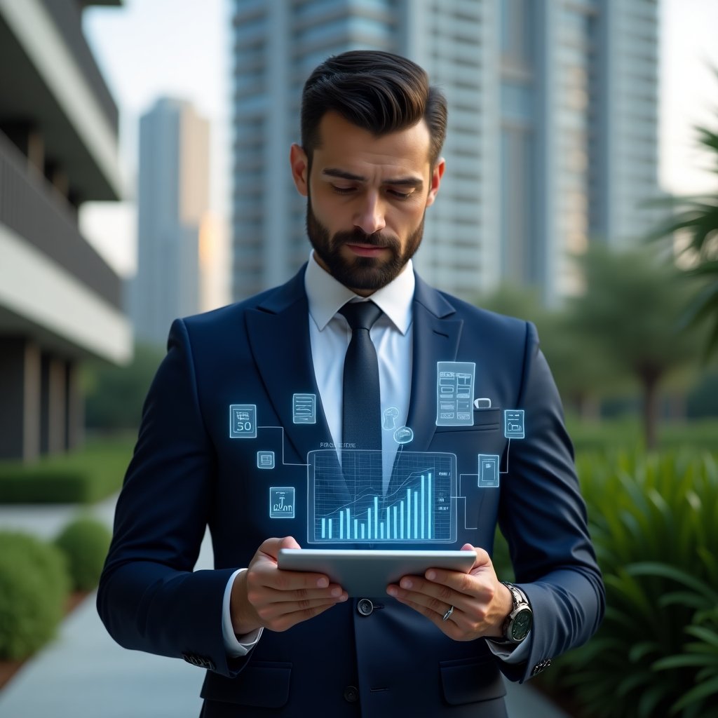 (Ultra-realistic condo manager in a navy blue suit, set in a modern luxury condominium environment with high-rise buildings and meticulously landscaped greenery, reviewing a tablet that projects holographic financial charts and floating receipt icons, confident and focused expression, cinematic lighting, shallow depth of field, highly detailed textures, realistic skin, photographic realism, 8k resolution --ar 1:1 --v 6)