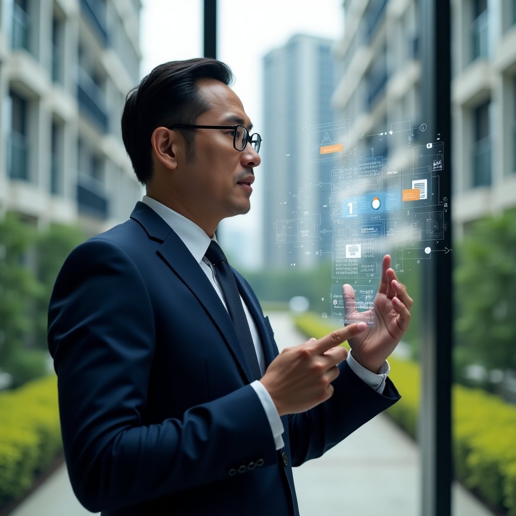(Ultra-realistic condominium property manager in a navy executive suit, set in a modern luxury condominium environment with high-rise buildings and manicured green landscaping, examining a transparent holographic interface with warning icons and fragmented data symbols, thoughtful expression, cinematic lighting, shallow depth of field, highly detailed textures, realistic skin, photographic realism, 8k resolution --ar 1:1 --v 6)
