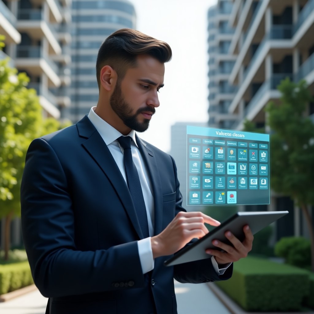 Ultra-realistic condominium manager in a tailored navy suit, set in a modern luxury condominium environment with high-rise buildings and lush green landscaping, holding a tablet projecting a holographic digital calendar with icons for tasks, meetings, and security, confidently analyzing the schedule, cinematic lighting, shallow depth of field, highly detailed textures, realistic skin, photographic realism, 8k resolution --ar 1:1 --v 6