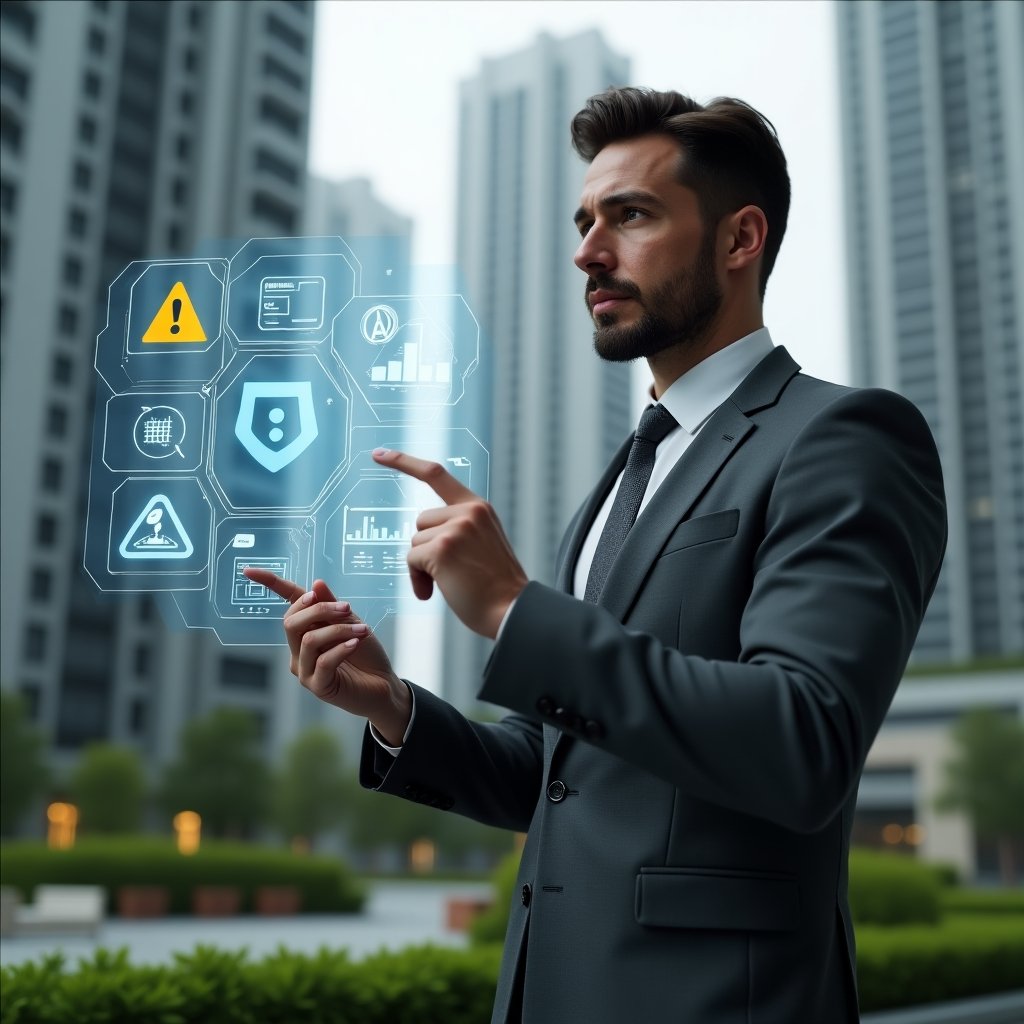 Ultra-realistic property manager in a charcoal gray suit, set in a modern luxury condominium environment with high-rise buildings and green landscaping, holding and pointing at a holographic condominium management app interface displaying warning icons and checklists, with floating error symbols and digital dashboards around, focused and confident expression, cinematic lighting, shallow depth of field, highly detailed textures, realistic skin, photographic realism, 8k resolution --ar 1:1 --v 6