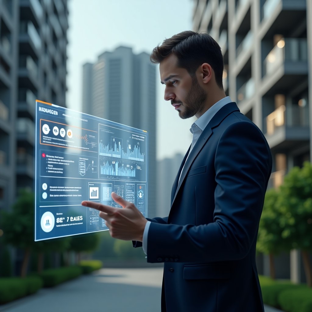 (Ultra-realistic condominium manager in a navy suit, set in a modern luxury condominium environment with high-rise buildings and green landscaping, examining a holographic dashboard displaying warning icons and error charts, holographic symbols representing financial, security, and maintenance alerts floating around, confident and focused expression, cinematic lighting, shallow depth of field, highly detailed textures, realistic skin, photographic realism, 8k resolution --ar 1:1 --v 6)