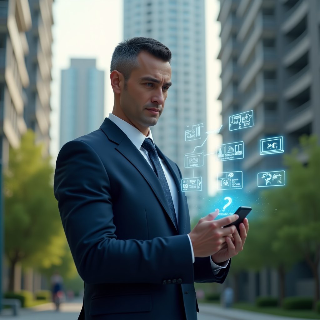 Ultra-realistic condo manager in a navy suit, set in a modern luxury condominium environment with high-rise buildings and lush greenery, medium shot focused on reviewing a holographic checklist of seven common management errors, floating digital icons of warnings and dashboards around him, confident and focused expression, cinematic lighting, shallow depth of field, realistic skin, highly detailed textures, photographic realism, 8k resolution --ar 1:1 --v 6
