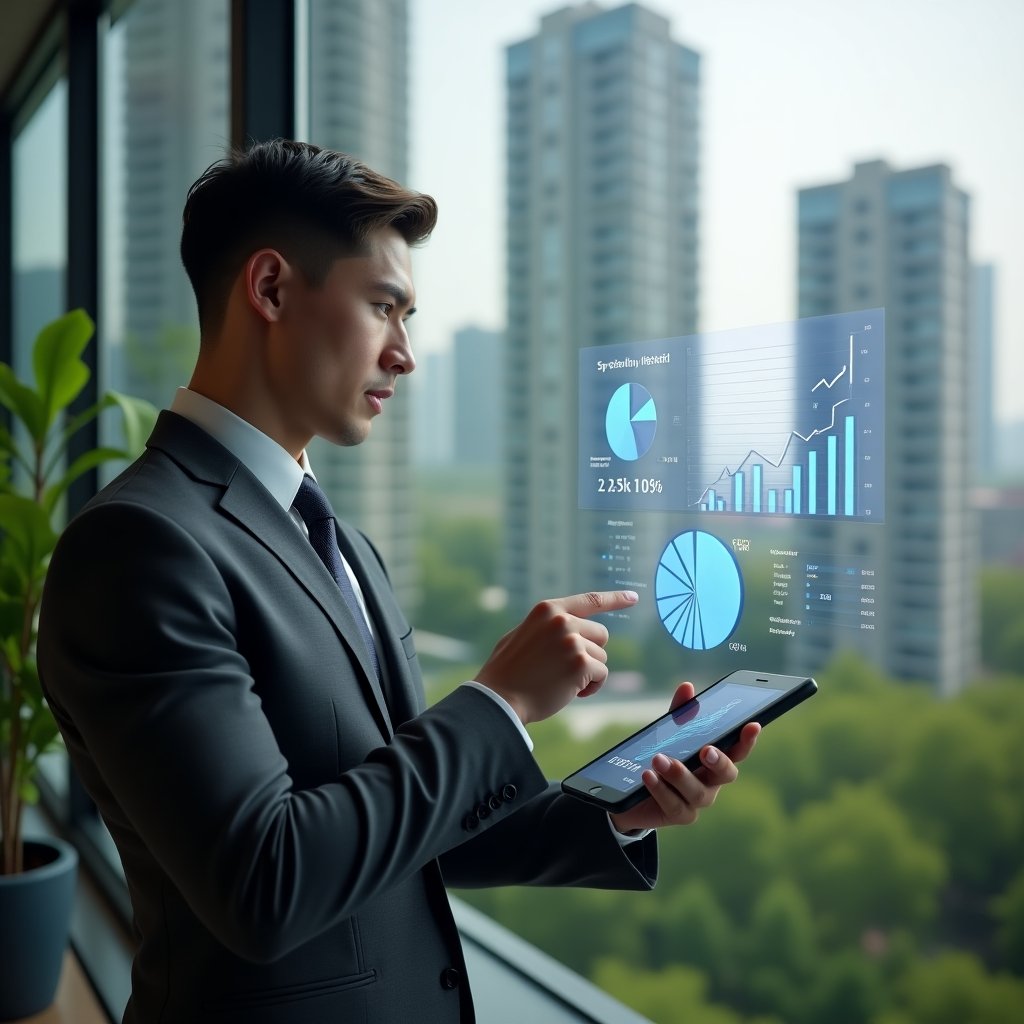 Ultra-realistic condominium manager in a charcoal gray suit, set in a modern luxury condominium environment with high-rise buildings and lush green landscaping, holding a digital tablet displaying a holographic financial report, pointing thoughtfully at a floating pie chart and bar graph representing budget allocations, cinematic lighting, shallow depth of field, highly detailed textures, realistic skin, photographic realism, 8k resolution --ar 1:1 --v 6