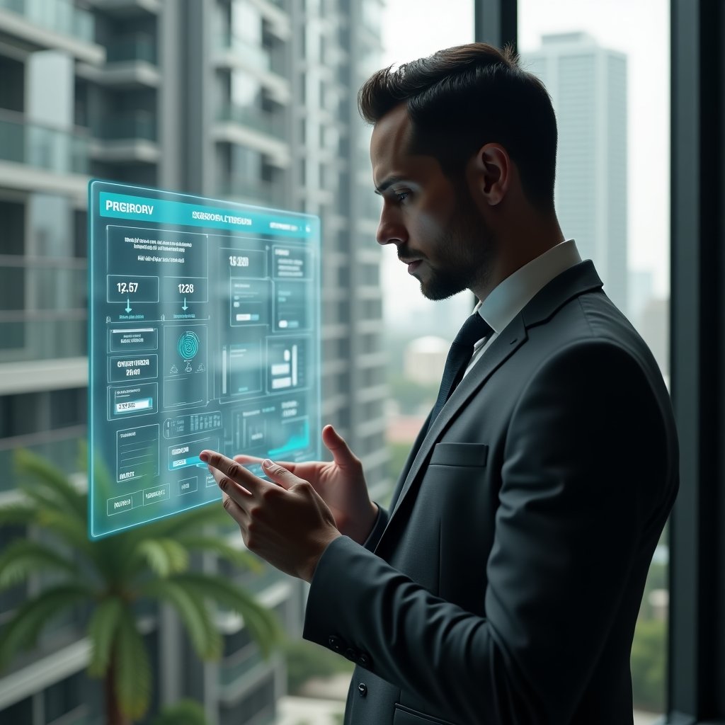 (Ultra-realistic condominium manager in a dark gray suit, set in a modern luxury condominium environment with high-rise buildings and green landscaping, mid shot analyzing a holographic condo management app interface displaying error notifications and performance charts, floating icons of calendars, push notifications and financial graphs with warning symbols, thoughtful and focused expression, cinematic lighting, shallow depth of field, highly detailed textures, realistic skin, photographic realism, 8k resolution --ar 1:1 --v 6)
