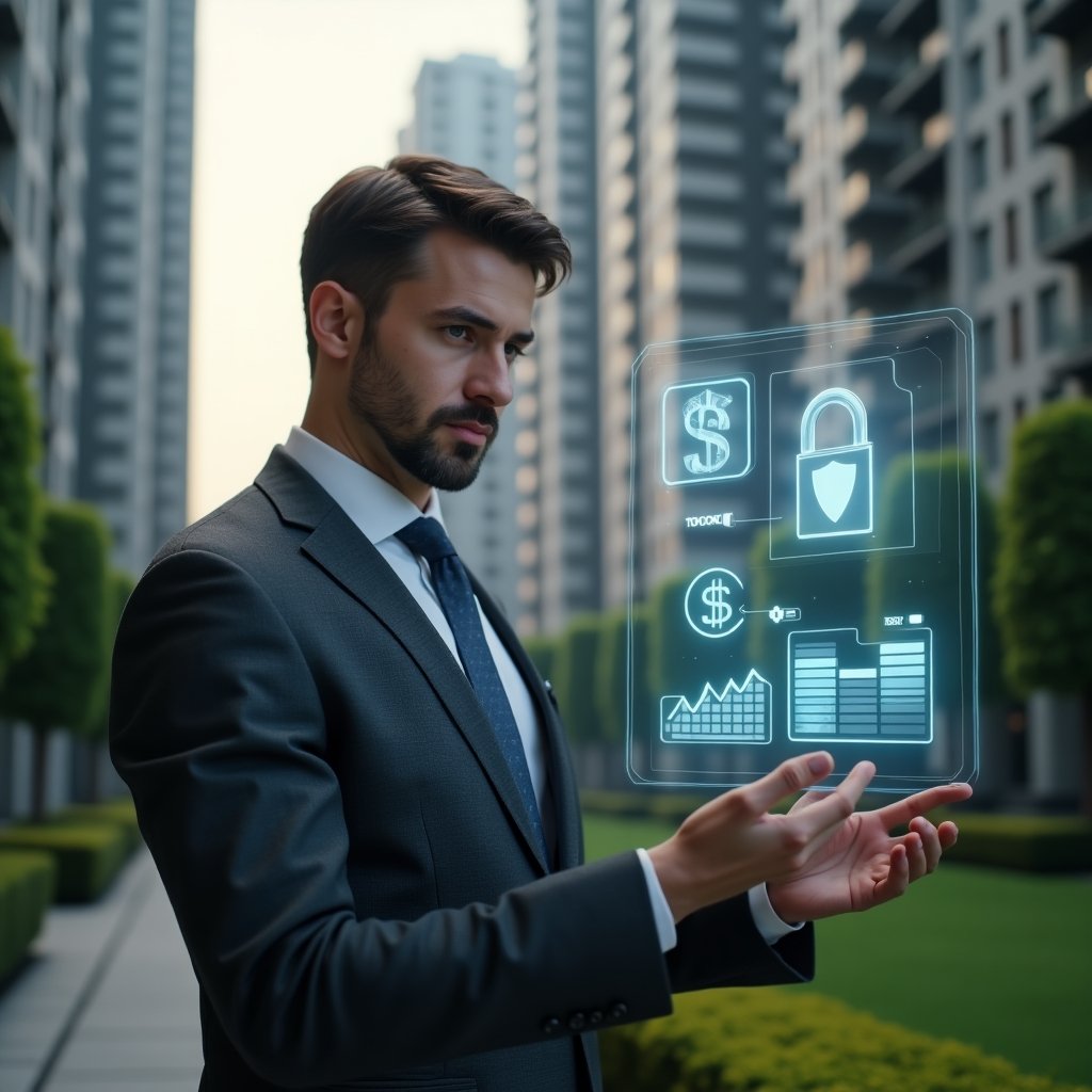 (Ultra-realistic condominium manager in a dark gray tailored suit, set in a modern luxury condominium environment with high-rise buildings and manicured green gardens, interacting with a floating holographic interface displaying financial charts, chat bubbles and a security shield icon, confident and focused expression, cinematic lighting, shallow depth of field, highly detailed textures, realistic skin, photographic realism, 8k resolution --ar 1:1 --v 6)