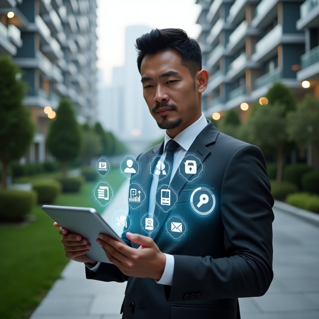 (Ultra-realistic condominium manager in a charcoal-gray suit, set in a modern luxury condominium environment with high-rise buildings and lush green landscaping, holding a tablet displaying holographic icons for finance, communication, booking, maintenance, documents, security, and analytics, confident and focused expression, thematic holographic interface elements floating around the device, cinematic lighting, shallow depth of field, highly detailed textures, realistic skin, photographic realism, 8k resolution --ar 1:1 --v 6)