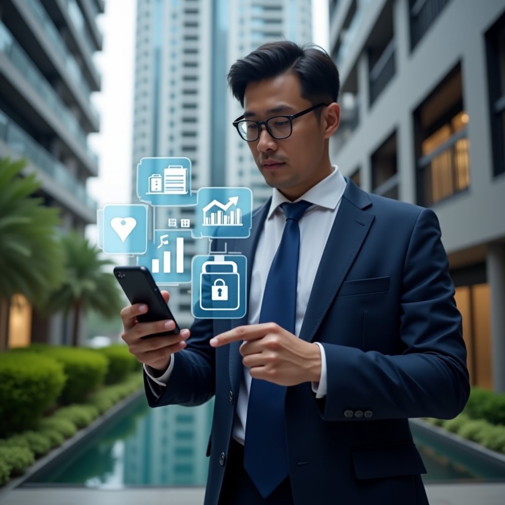 Ultra-realistic condominium manager in a tailored navy suit, set in a modern luxury condominium environment with high-rise buildings and manicured green landscaping, holding a smartphone that projects holographic icons of chat bubbles, financial charts, and security locks, gesturing confidently as if interacting with the app interface, thematic holographic UI elements representing communication, finances, and security, cinematic lighting, shallow depth of field, highly detailed textures, realistic skin, photographic realism, 8k resolution --ar 1:1 --v 6
