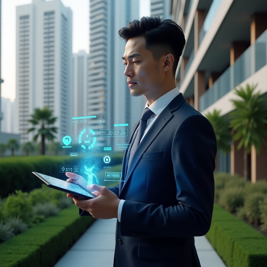 (Ultra-realistic condominium manager in a tailored navy suit, set in a modern luxury condominium environment with high-rise buildings and manicured green landscaping, mid shot of a thoughtful manager holding a tablet displaying a glitchy holographic interface with broken icons and warning symbols representing app inefficiency, floating 3D progress bars and error alerts symbolizing outdated software, cinematic lighting, shallow depth of field, highly detailed textures, realistic skin, photographic realism, 8k resolution --ar 1:1 --v 6)