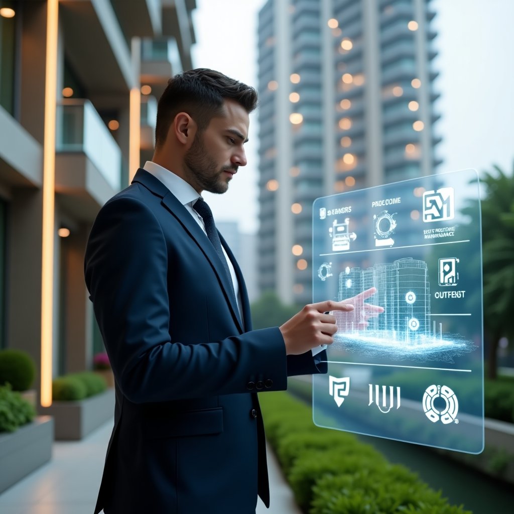 (Ultra-realistic condominium manager in a tailored navy suit, set in a modern luxury condominium environment with high-rise buildings and manicured green landscaping, confidently interacting with a holographic interface displaying IoT sensors, AI predictive maintenance icons and sustainability charts, a floating 3D building model beside them, cinematic lighting, shallow depth of field, highly detailed textures, realistic skin, photographic realism, 8k resolution --ar 1:1 --v 6)