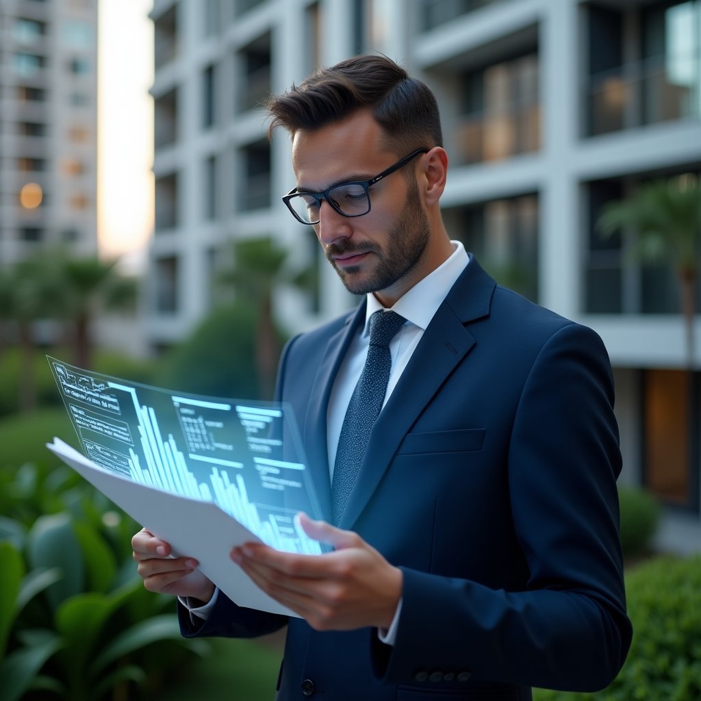 Ultra-realistic condominium manager in a navy executive suit, set in a modern luxury condominium environment with high-rise buildings and lush green landscaping, analyzing a holographic financial report with glowing transparent charts and detailed line graphs, confident and focused expression, cinematic lighting, shallow depth of field, highly detailed textures, realistic skin, photographic realism, 8k resolution --ar 1:1 --v 6