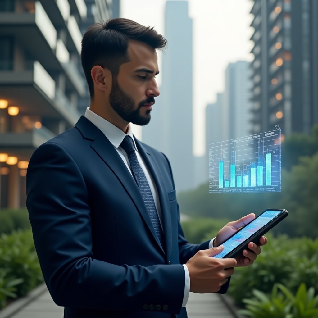 (Ultra-realistic condominium manager in a navy executive suit, set in a modern luxury condominium environment with high-rise buildings and green landscaping, holding a tablet displaying holographic financial charts with three highlighted indicators, analyzing budget deviation graphs, cinematic lighting, shallow depth of field, highly detailed textures, realistic skin, photographic realism, 8k resolution --ar 1:1 --v 6)