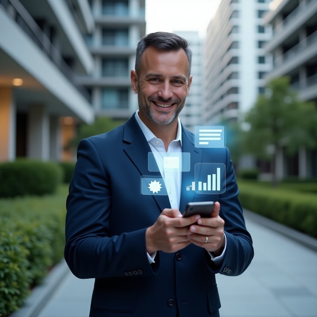 (Ultra-realistic condo manager in a dark blue suit, set in a modern luxury condominium environment with high-rise buildings and manicured green landscaping, holding a smartphone displaying a holographic condo management app interface, confident and engaged expression, floating icons of chat bubbles and transparent financial charts around them, cinematic lighting, shallow depth of field, highly detailed textures, realistic skin, photographic realism, 8k resolution --ar 1:1 --v 6)