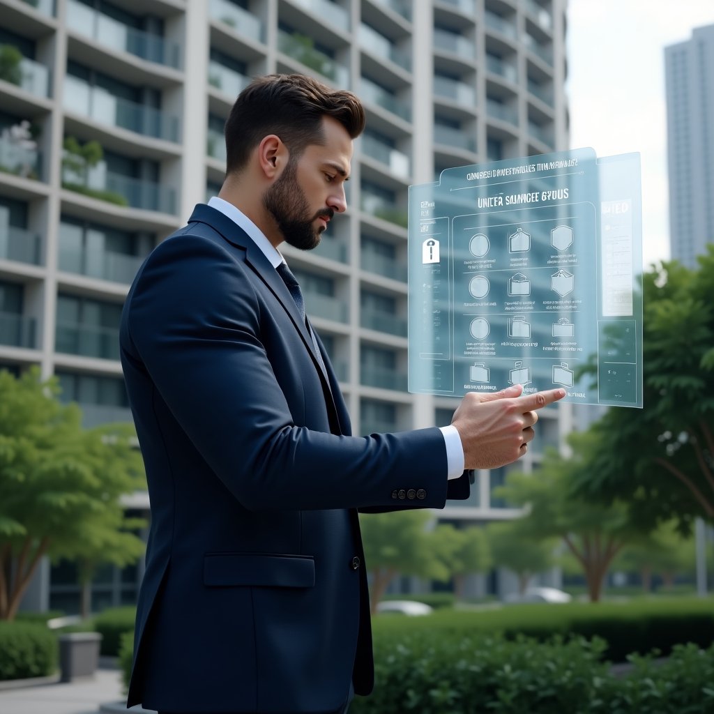 (Ultra-realistic condominium manager in a navy blue suit, set in a modern luxury condominium environment with high-rise buildings and lush green landscaping, examining a floating holographic digital schedule with maintenance task icons, confident expression, cinematic lighting, shallow depth of field, highly detailed textures, realistic skin, photographic realism, 8k resolution --ar 1:1 --v 6)