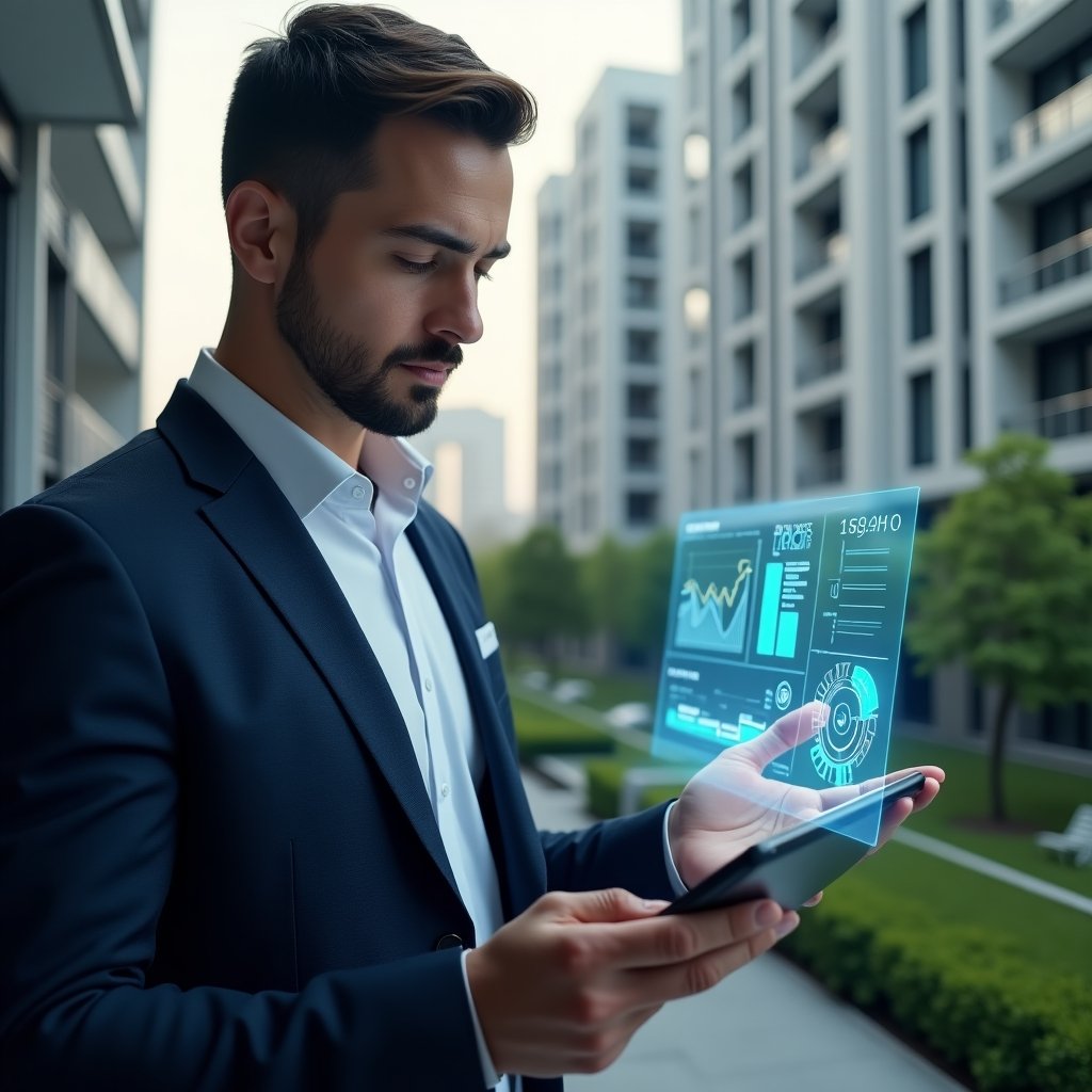 (Ultra-realistic condominium manager in a tailored navy suit, set in a modern luxury condominium environment with high-rise buildings and manicured green landscaping, reviewing a holographic dashboard of financial charts and maintenance schedules with a confident, focused expression, floating icons of checkmarks and gears representing optimized processes, cinematic lighting, shallow depth of field, highly detailed textures, realistic skin, photographic realism, 8k resolution --ar 1:1 --v 6)