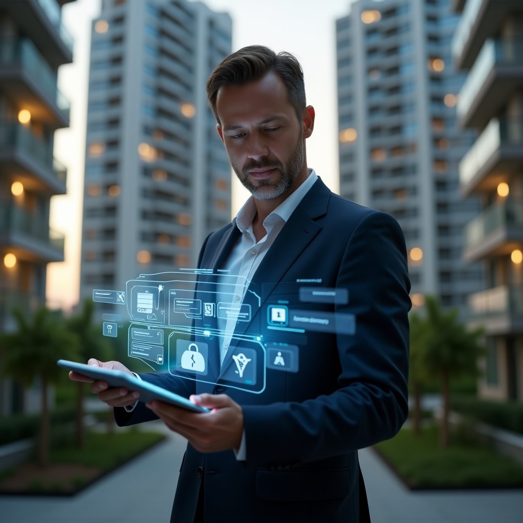 (Ultra-realistic condominium manager in a dark navy suit, set in a modern luxury condominium environment with high-rise buildings and manicured greenery, holding a tablet displaying holographic modules for finance, communication and maintenance, confidently analyzing the integrated dashboard, subtle floating icons representing bills, chat bubbles and wrench symbols, cinematic lighting, shallow depth of field, highly detailed textures, realistic skin, photographic realism, 8k resolution --ar 1:1 --v 6)