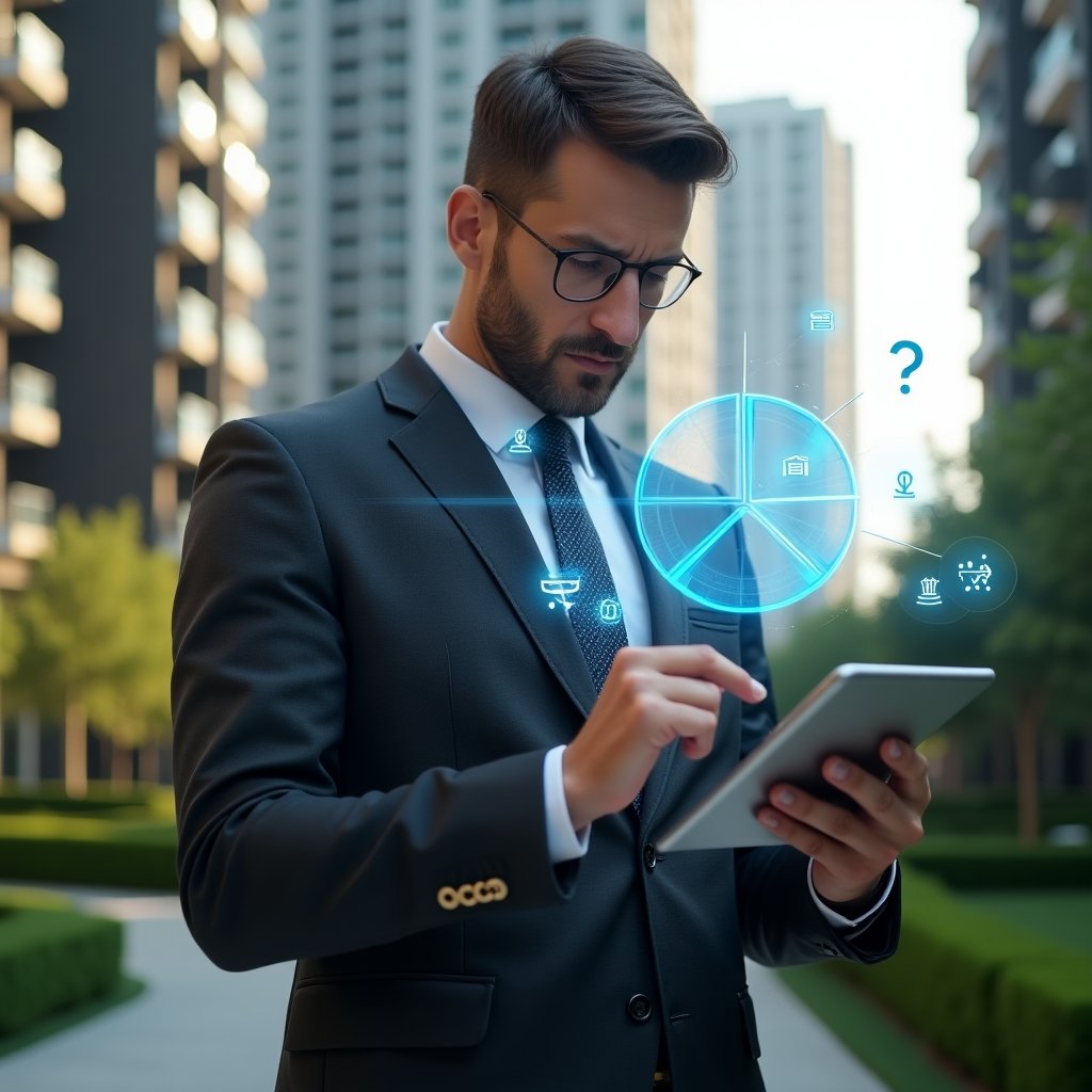 Ultra-realistic condominium manager in a dark gray tailored suit, set in a modern luxury condominium environment with high-rise buildings and manicured green gardens, examining a floating holographic pie chart representing ideal fraction calculations, holding a sleek tablet projecting transparent financial icons, confident and focused expression, cinematic lighting, shallow depth of field, highly detailed textures, realistic skin, photographic realism, 8k resolution --ar 1:1 --v 6