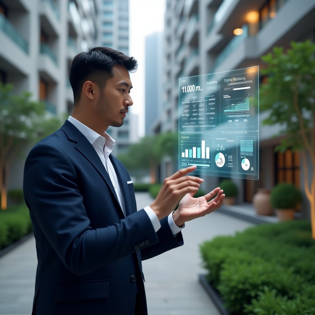 Ultra-realistic condominium manager in a navy tailored suit, set in a modern luxury condominium environment with high-rise buildings and manicured green landscaping, reviewing a floating holographic dashboard of ordinary and extraordinary expenses with a confident, focused expression, holographic pie charts and spreadsheets glowing beside them, cinematic lighting, shallow depth of field, highly detailed textures, realistic skin, photographic realism, 8k resolution --ar 1:1 --v 6