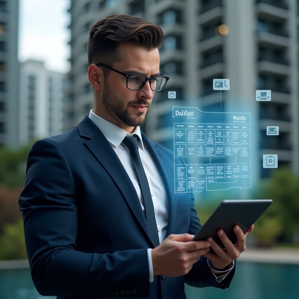 (Ultra-realistic condominium manager in a navy suit, set in a modern luxury condominium environment with high-rise buildings and lush green landscaping, reviewing a holographic monthly schedule calendar projected from a digital tablet, confident and focused expression, holographic icons for maintenance tasks, assembly meetings, and financial reports floating around, cinematic lighting, shallow depth of field, highly detailed textures, realistic skin, photographic realism, 8k resolution --ar 1:1 --v 6)