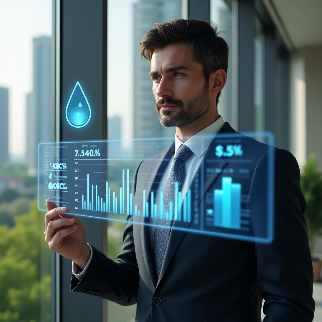 (Ultra-realistic condominium manager in a tailored navy gray suit, set in a modern luxury condominium environment with high-rise buildings and lush green landscaping, analyzing a holographic financial dashboard displaying water, energy and cleaning expense charts with floating water-drop and light-bulb icons, confident and focused expression, cinematic lighting, shallow depth of field, highly detailed textures, realistic skin, photographic realism, 8k resolution --ar 1:1 --v 6)