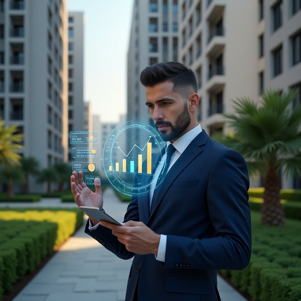 Ultra-realistic condominium manager in a navy executive suit, set in a modern luxury condominium environment with high-rise buildings and manicured green landscaping, confidently analyzing a holographic budget chart with coin and bar-graph icons representing extraordinary expenses control, cinematic lighting, shallow depth of field, highly detailed textures, realistic skin, photographic realism, 8k resolution --ar 1:1 --v 6