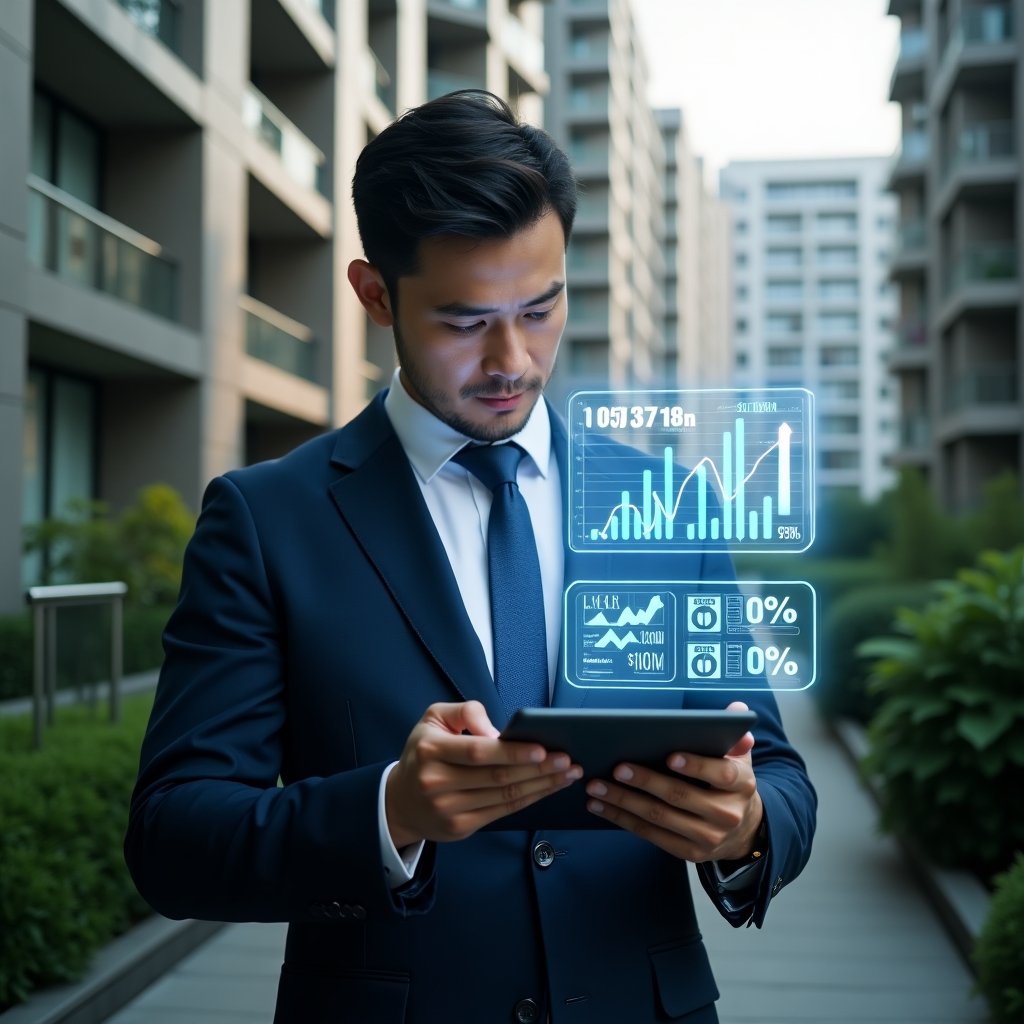 Ultra-realistic condominium manager in a tailored navy suit, set in a modern luxury condominium environment with high-rise buildings and lush green landscaping, reviewing a holographic budget chart with graphs showing cost reductions, holding a digital tablet displaying expense reports, confident and focused expression, symbolic icons of calculators and currency floating around, cinematic lighting, shallow depth of field, highly detailed textures, realistic skin, photographic realism, 8k resolution --ar 1:1 --v 6