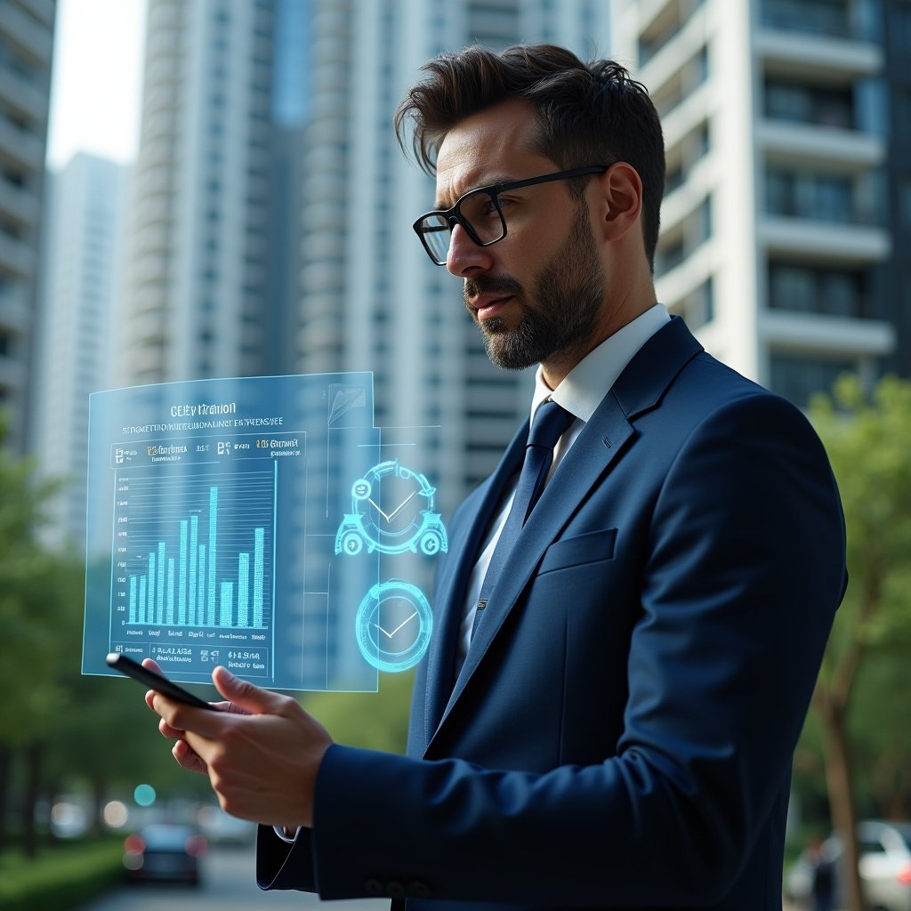 (Ultra-realistic condominium manager in a dark blue suit, set in a modern luxury condominium environment with high-rise buildings and green landscaping, examining a holographic financial chart projecting reduced expenses, holographic budget icons and blueprint overlays floating around, confident and focused expression, cinematic lighting, shallow depth of field, highly detailed textures, realistic skin, photographic realism, 8k resolution --ar 1:1 --v 6)