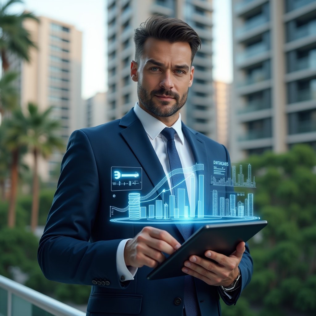Ultra-realistic condominium manager in a navy executive suit, set in a modern luxury condominium environment with high-rise buildings and meticulously landscaped greenery, holding a tablet displaying holographic budget charts, adjusting a floating wrench icon symbolizing preventive maintenance, surrounded by translucent financial graphs and coins, confident and focused expression, cinematic lighting, shallow depth of field, highly detailed textures, realistic skin, photographic realism, 8k resolution --ar 1:1 --v 6