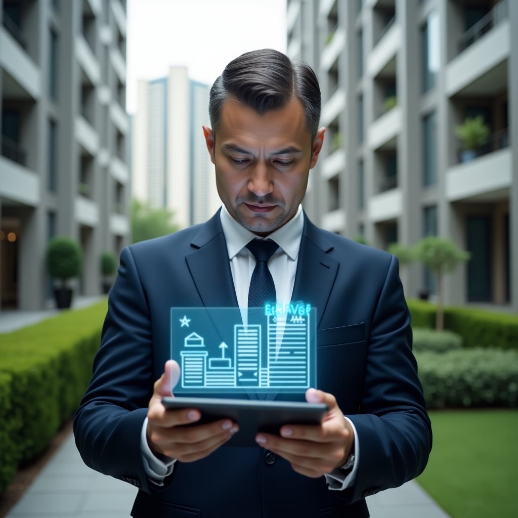(Ultra-realistic condominium manager in a navy suit, set in a modern luxury condominium environment with high-rise buildings and manicured green landscaping, mid shot reviewing a digital tablet with holographic cost-saving charts and a floating budget icon, confident and focused expression, cinematic lighting, shallow depth of field, highly detailed textures, realistic skin, photographic realism, 8k resolution --ar 1:1 --v 6)