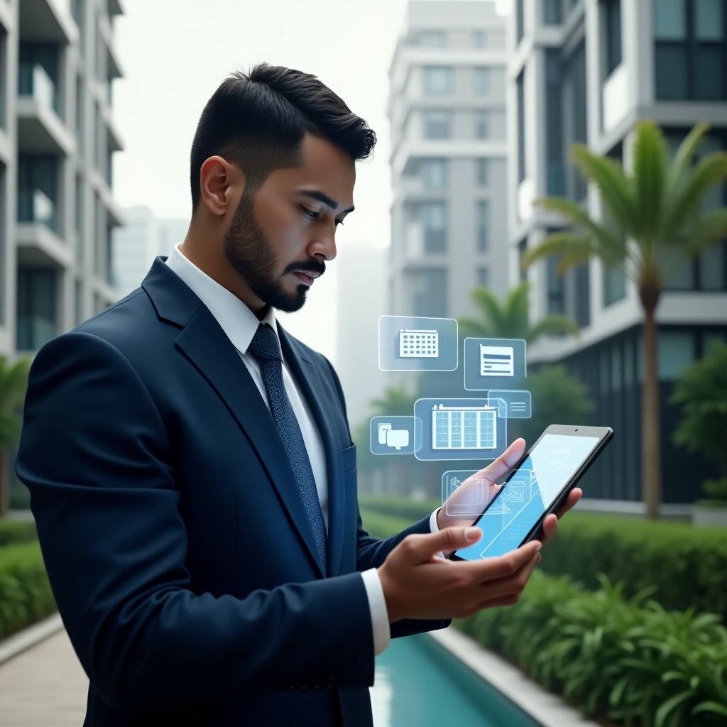(Ultra-realistic condominium manager in a navy blue suit, set in a modern luxury condominium environment with high-rise buildings and lush green landscaping, confidently analyzing a transparent tablet displaying holographic icons of financial charts, booking calendars and chat bubbles to represent key app functions, cinematic lighting, shallow depth of field, highly detailed textures, realistic skin, photographic realism, 8k resolution --ar 1:1 --v 6)