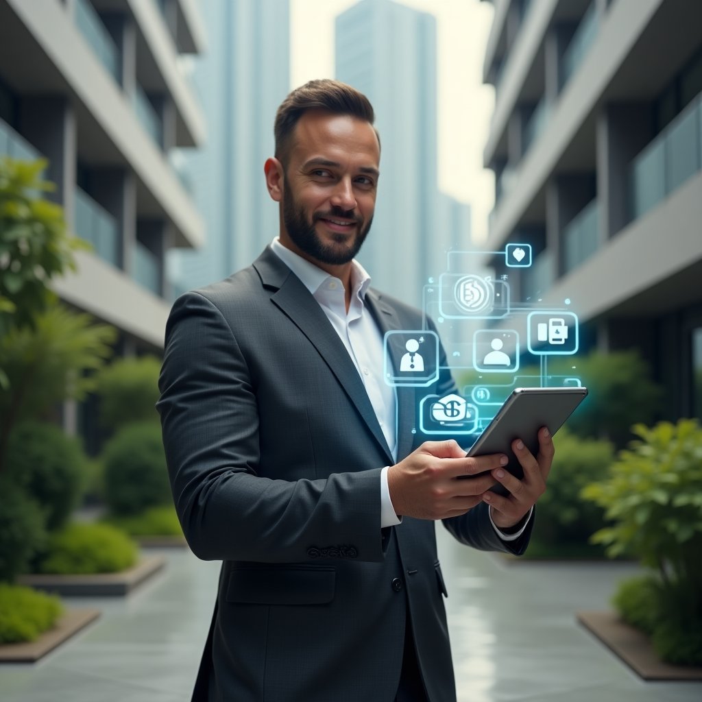 Ultra-realistic condominium manager in a charcoal gray suit, standing in a modern luxury condominium environment with high-rise buildings and lush green landscaping, holding a tablet displaying floating holographic icons of finances, bookings, security, maintenance and resident communication, confident expression with a slight smile, cinematic lighting, shallow depth of field, highly detailed textures, realistic skin, photographic realism, 8k resolution --ar 1:1 --v 6