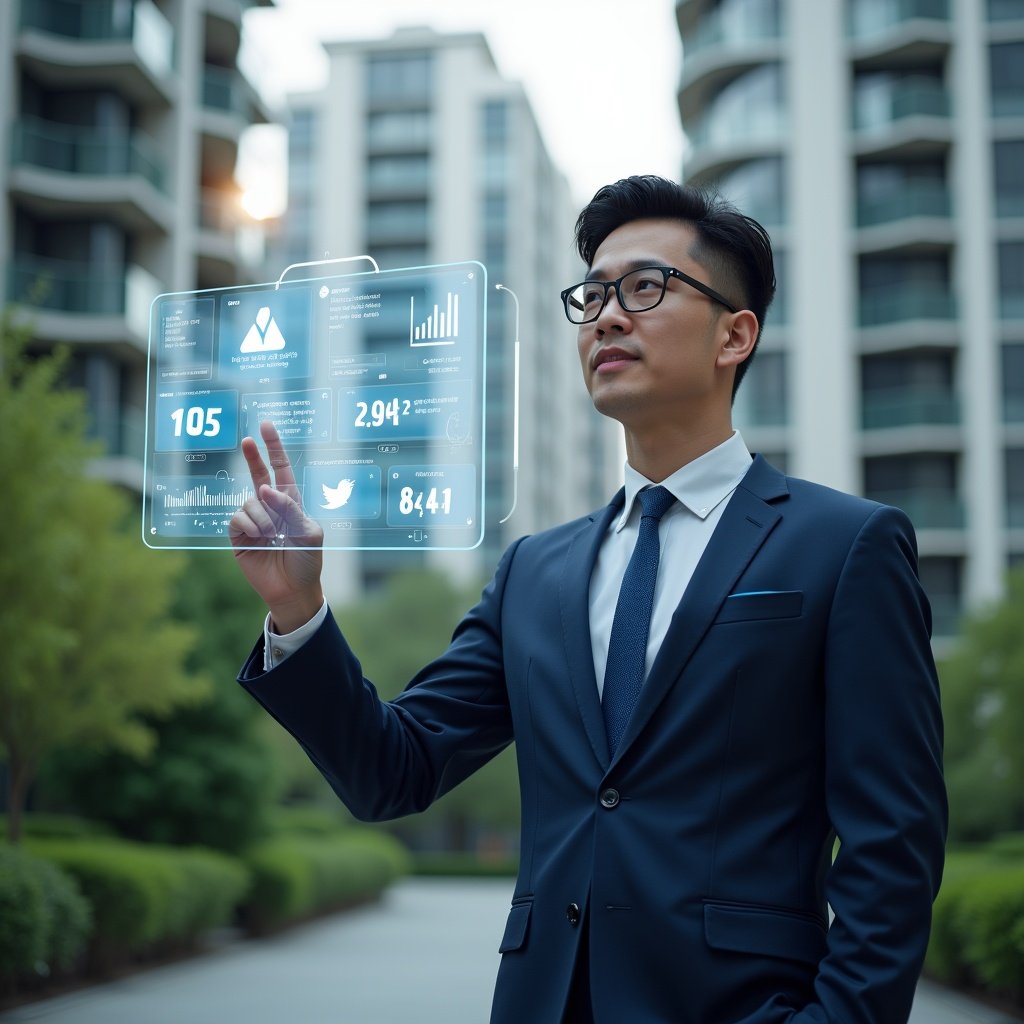(Ultra-realistic condominium manager in a navy blue executive suit, set in a modern luxury condominium environment with high-rise buildings and lush green landscaping, confidently pointing at a floating holographic app interface displaying icons for finance, messaging, booking and analytics, cinematic lighting, shallow depth of field, highly detailed textures, realistic skin, photographic realism, 8k resolution --ar 1:1 --v 6)