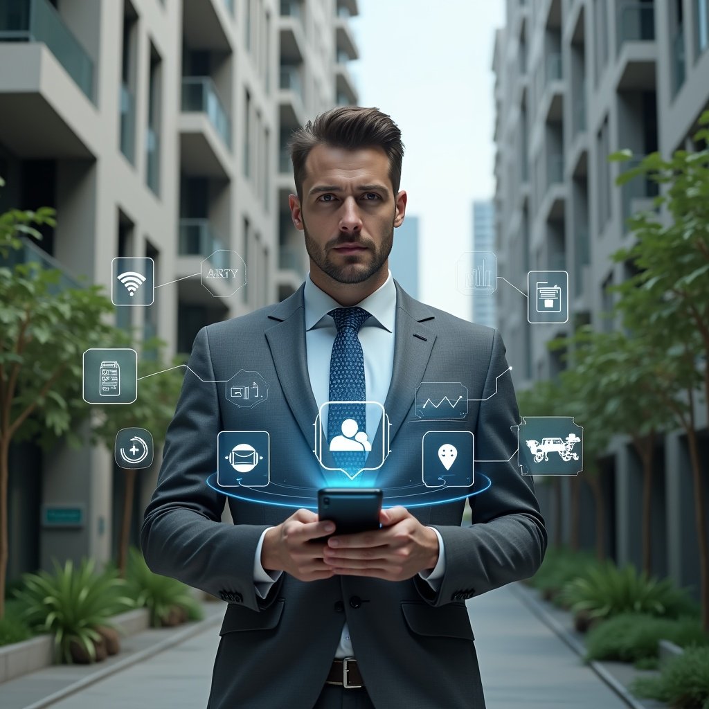 (Ultra-realistic condominium manager in a charcoal gray suit, set in a modern luxury condominium environment with high-rise buildings and manicured green landscaping, holding a holographic smartphone interface displaying app icons and data charts representing the 10 essential management functions, looking confident and focused, futuristic digital HUD elements floating around, cinematic lighting, shallow depth of field, highly detailed textures, realistic skin, photographic realism, 8k resolution --ar 1:1 --v 6)