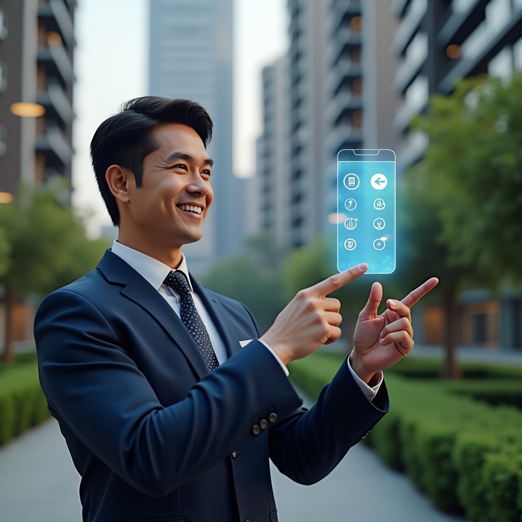 Ultra-realistic condominium manager in a dark blue tailored suit, set in a modern luxury condominium environment with high-rise buildings and manicured green landscaping, confidently pointing at a floating holographic smartphone interface displaying icons for billing, reservations, and messaging, with the character smiling and engaged, cinematic lighting, shallow depth of field, highly detailed textures, realistic skin, photographic realism, 8k resolution --ar 1:1 --v 6