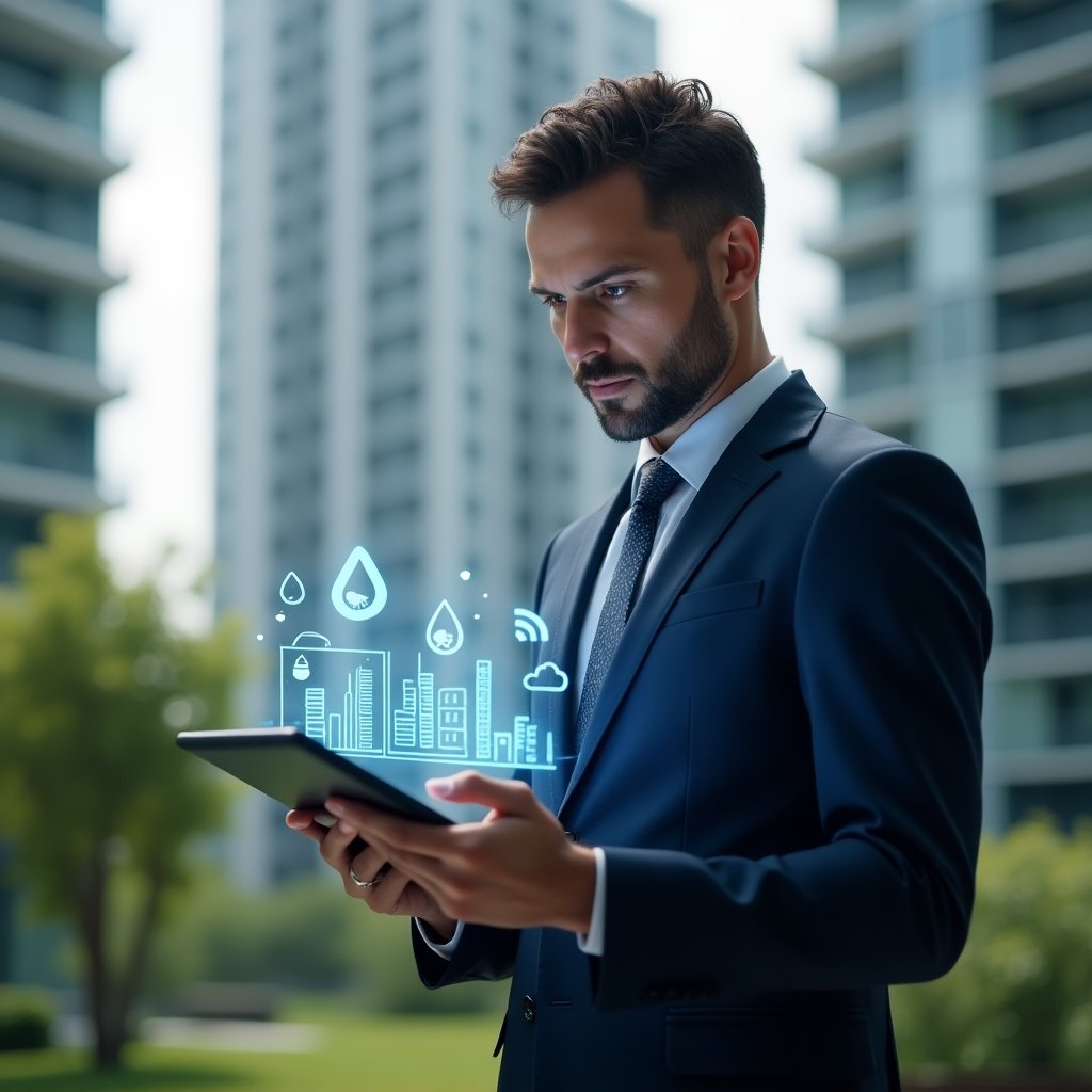 Ultra-realistic condominium manager in a navy blue executive suit, set in a modern luxury condominium environment with high-rise buildings and green landscaping, examining a holographic tablet displaying water, energy, and cleaning cost graphs, confident and focused expression, floating icons of a water droplet, light bulb, and broom around the tablet, cinematic lighting, shallow depth of field, highly detailed textures, realistic skin, photographic realism, 8k resolution --ar 1:1 --v 6