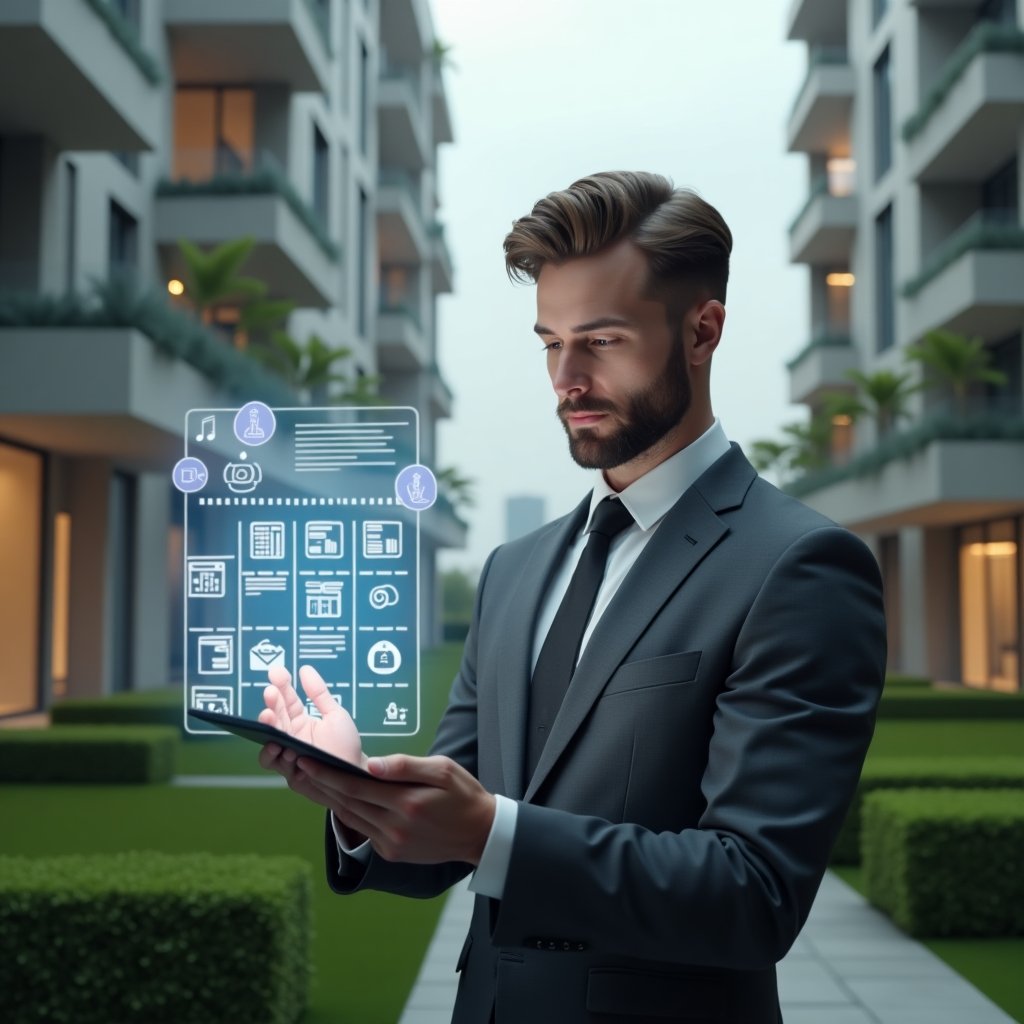 (Ultra-realistic condominium manager in a charcoal gray suit, set in a modern luxury condominium environment with high-rise buildings and manicured green landscaping, studying a holographic maintenance schedule with floating calendar icons and service tools, confident and focused expression, cinematic lighting, shallow depth of field, highly detailed textures, realistic skin, photographic realism, 8k resolution --ar 1:1 --v 6)