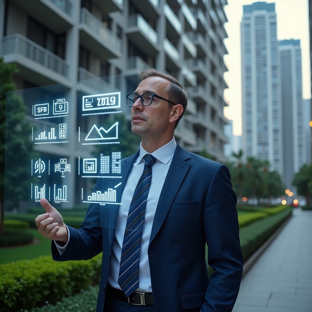 (Ultra-realistic condominium manager in a navy blue suit, set in a modern luxury condominium environment with high-rise buildings and manicured green landscaping, analyzing a holographic dashboard of financial KPIs with 12 glowing charts, confident and focused expression, cinematic lighting, shallow depth of field, highly detailed textures, realistic skin, photographic realism, 8k resolution --ar 1:1 --v 6)