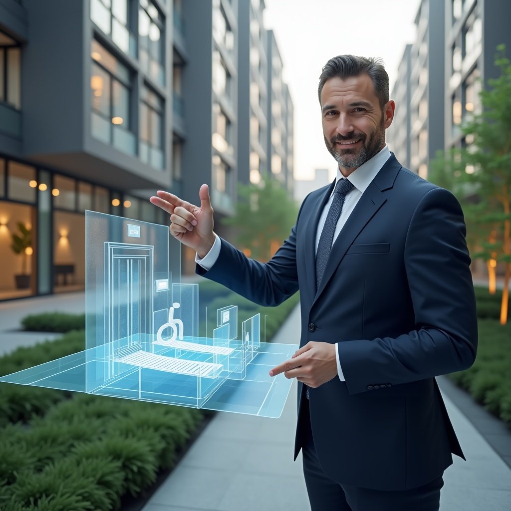 Ultra-realistic condominium manager in a navy executive suit, set in a modern luxury condominium environment with high-rise buildings and lush green landscaping, confidently pointing at a holographic 3D ramp and elevator model with floating accessibility icons, inspiring and inclusive atmosphere, cinematic lighting, shallow depth of field, highly detailed textures, realistic skin, photographic realism, 8k resolution --ar 1:1 --v 6
