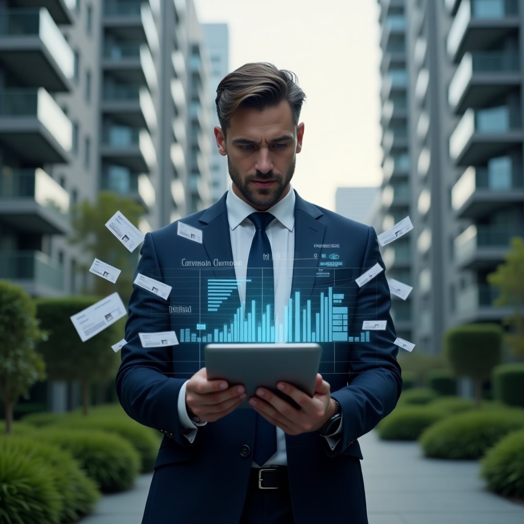 Ultra-realistic condominium manager in a navy tailored suit, set in a modern luxury condominium environment with high-rise buildings and green landscaping, holding a tablet and reviewing holographic financial charts, surrounded by floating icons of receipts and bar graphs symbolizing streamlined accounting, cinematic lighting, shallow depth of field, highly detailed textures, realistic skin, photographic realism, 8k resolution --ar 1:1 --v 6