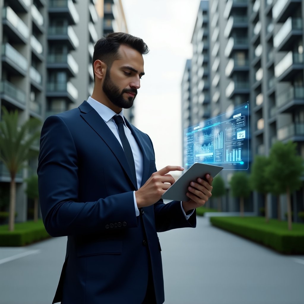 (Ultra-realistic condominium manager in a sharp navy suit, set in a modern luxury condominium environment with high-rise buildings and manicured green landscaping, holding a tablet projecting a floating holographic interface of a property management app, confident expression analyzing data, cinematic lighting, shallow depth of field, highly detailed textures, realistic skin, photographic realism, 8k resolution --ar 1:1 --v 6)
