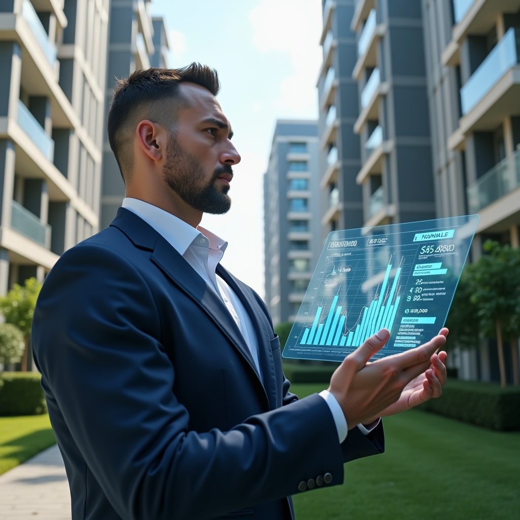 Ultra-realistic condominium manager in a navy blue suit, set in a modern luxury condominium environment with high-rise buildings and manicured green landscaping, analyzing a floating holographic budget chart with graphs and currency icons, confident and focused expression, cinematic lighting, shallow depth of field, highly detailed textures, realistic skin, photographic realism, 8k resolution --ar 1:1 --v 6