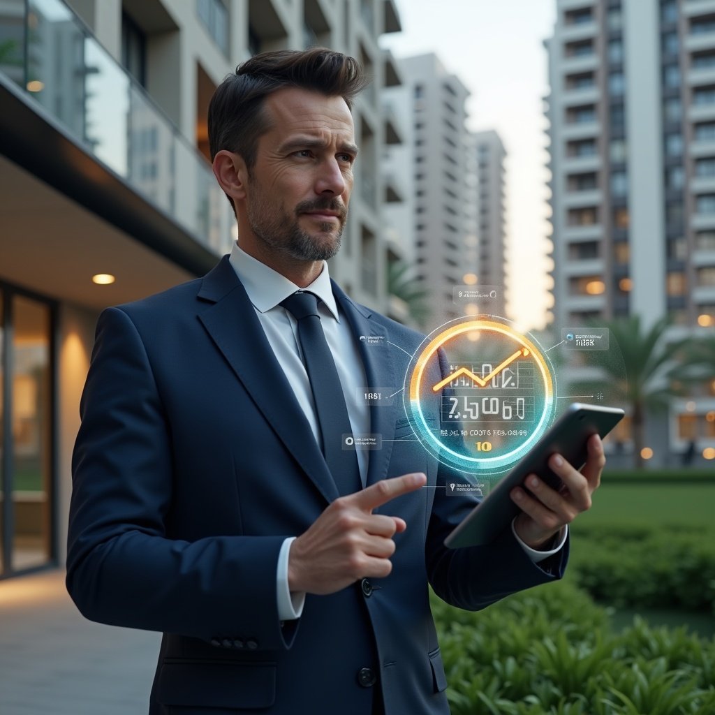 (Ultra-realistic condominium manager in a tailored navy suit, set in a modern luxury condominium environment with high-rise buildings and lush green landscaping, holding a tablet displaying holographic financial charts and pointing at a glowing pie chart hologram symbolizing cost reduction, confident and thoughtful expression, cinematic lighting, shallow depth of field, highly detailed textures, realistic skin, photographic realism, 8k resolution --ar 1:1 --v 6)
