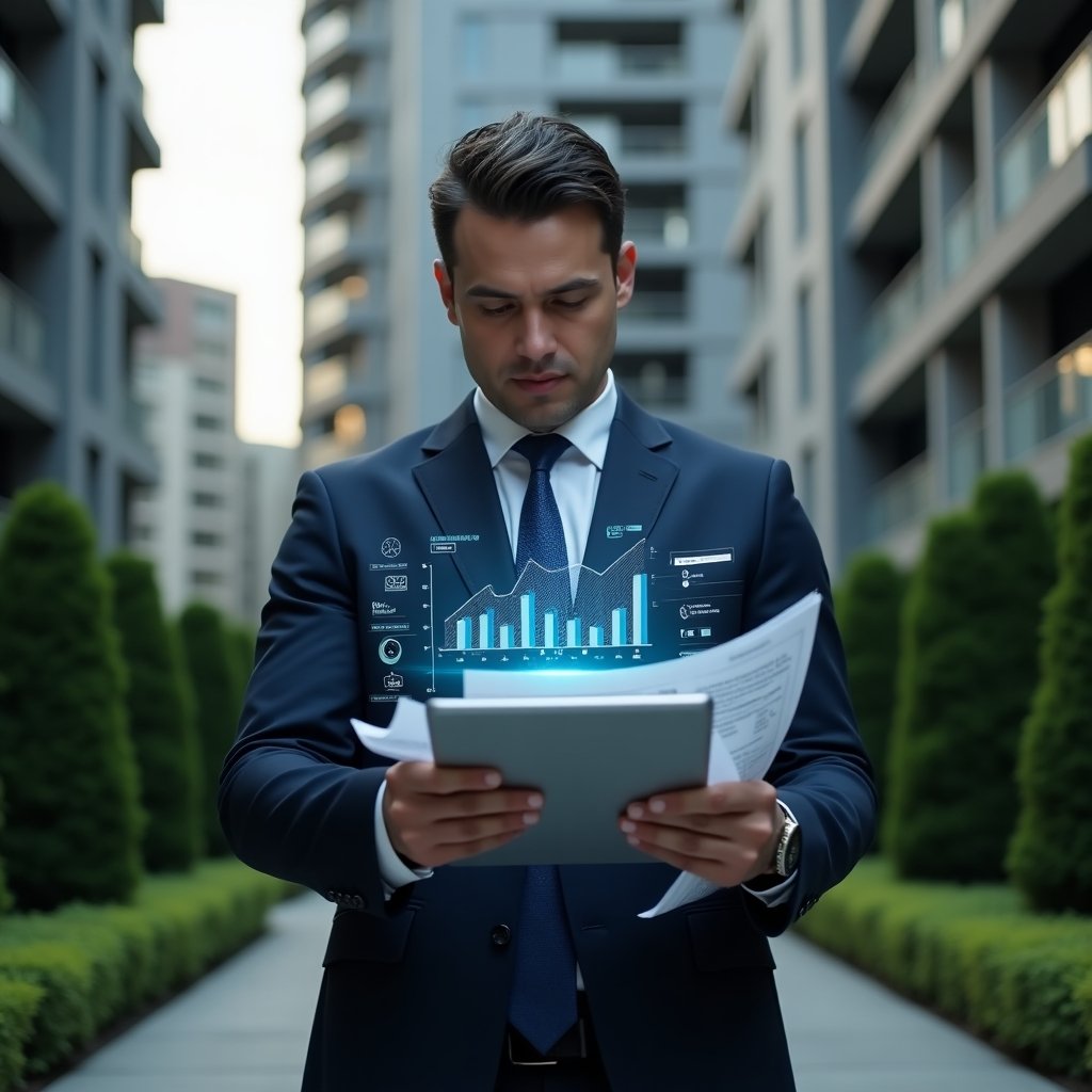 (Ultra-realistic condominium manager in a dark navy suit, set in a modern luxury condominium environment with high-rise buildings and manicured green landscaping, close-up medium shot of a focused, confident professional examining holographic financial charts above a digital tablet, holding printed accounting documents with highlighted errors, symbolic floating icons of pie charts and ledgers, cinematic lighting, shallow depth of field, highly detailed textures, realistic skin, photographic realism, 8k resolution --ar 1:1 --v 6)