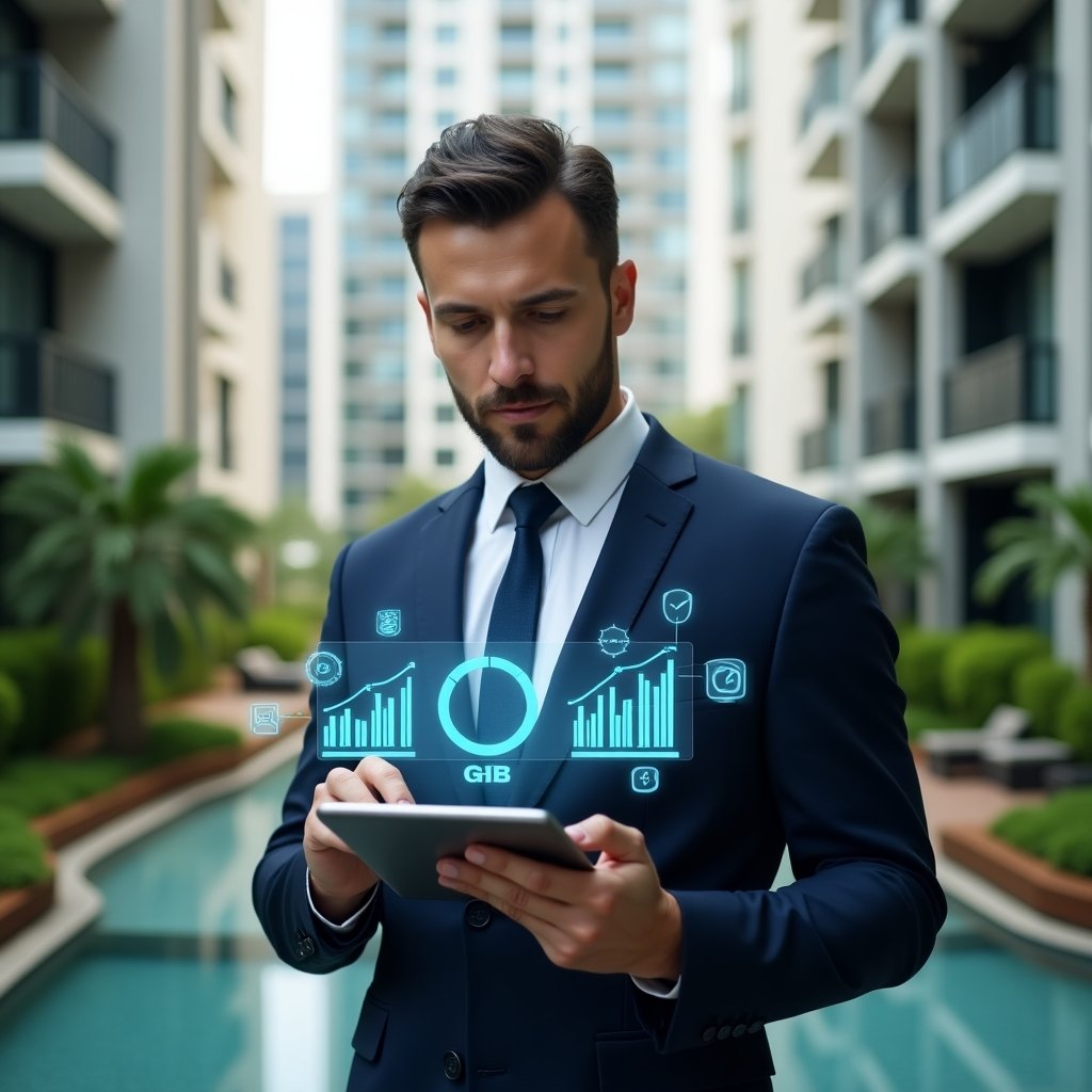Ultra-realistic condominium manager in a tailored navy suit, set in a modern luxury condominium environment with high-rise buildings and lush green landscaping, holding a tablet displaying a holographic condominium management app interface with expense tracking charts, looking confident and focused, floating budget graphs and icons symbolizing cost control, cinematic lighting, shallow depth of field, highly detailed textures, realistic skin, photographic realism, 8k resolution --ar 1:1 --v 6