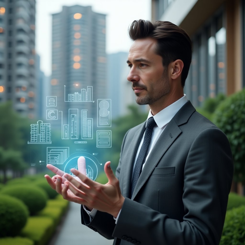 Ultra-realistic condominium manager in a charcoal gray suit, set in a modern luxury condominium environment with high-rise buildings and lush green landscaping, reviewing a floating holographic budget chart with blueprints and coin icons, confident expression, cinematic lighting, shallow depth of field, highly detailed textures, realistic skin, photographic realism, 8k resolution --ar 1:1 --v 6